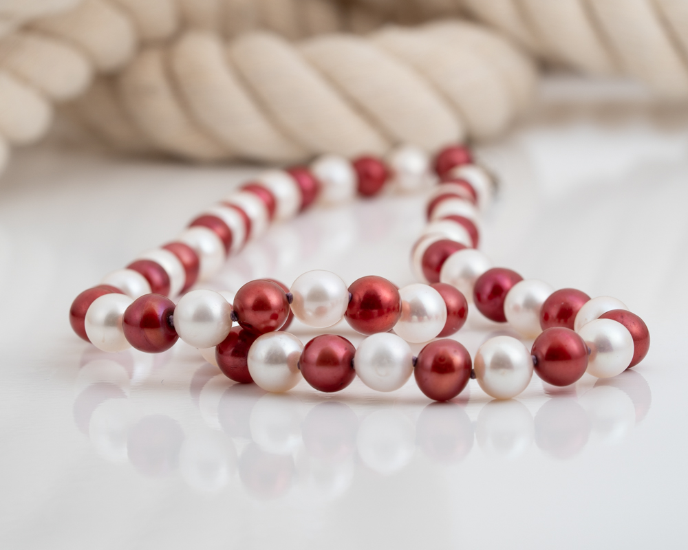 Crimson and White Pearl Necklace for Football Fans – Sterling Silver Clasp