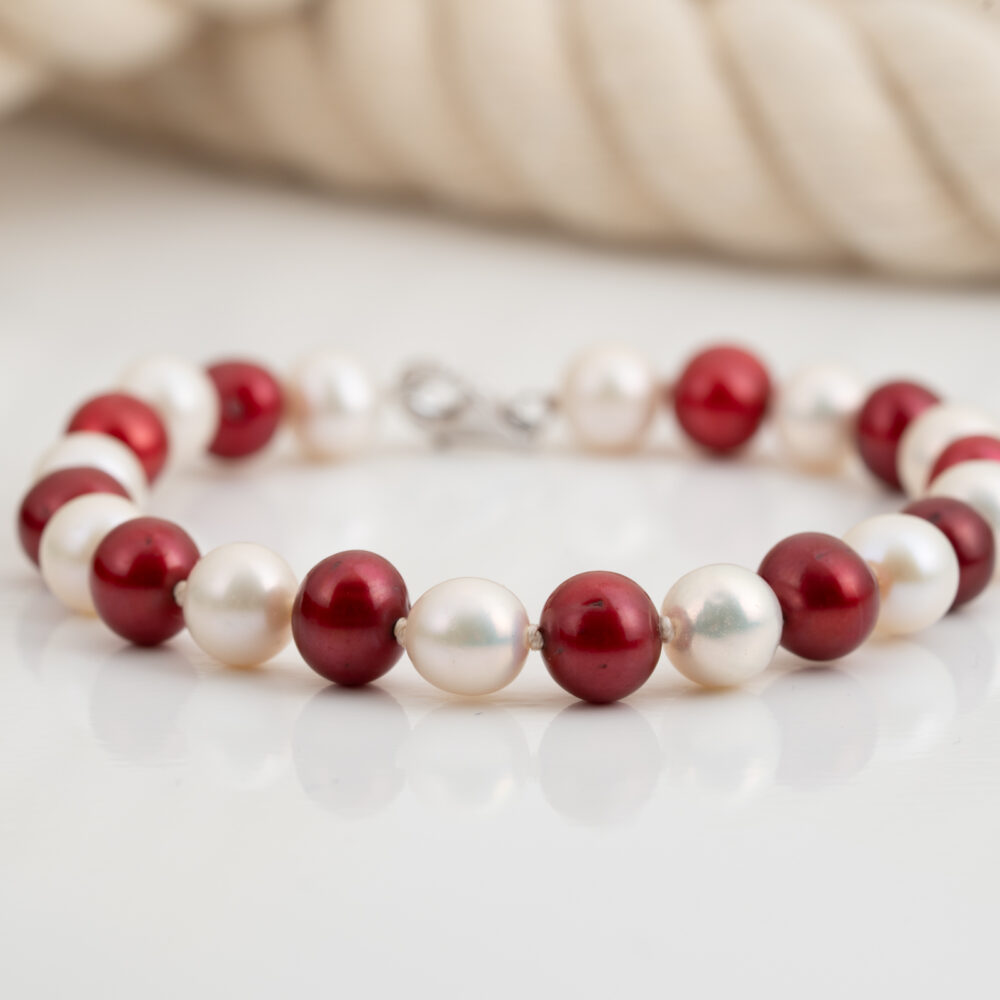 Alternative view of Crimson and White Pearl Bracelet for Football Fans – Sterling Silver Lobster Clasp