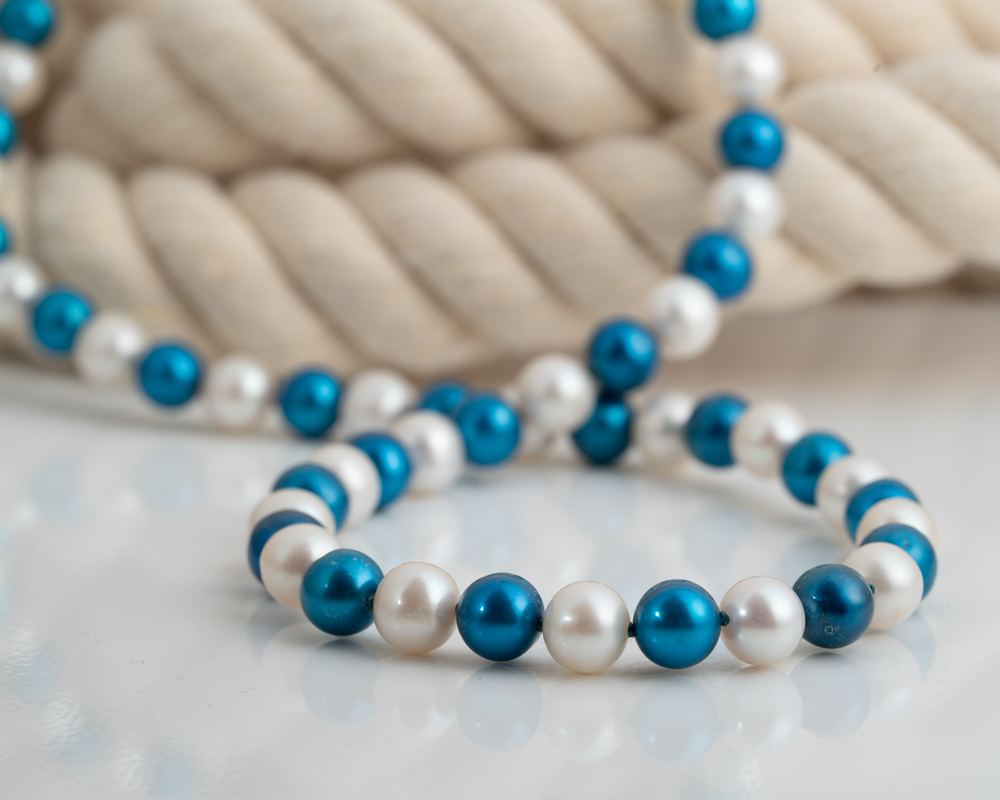 Alternative view of Blue and White Pearl Necklace – Sterling Silver Lobster Clasp