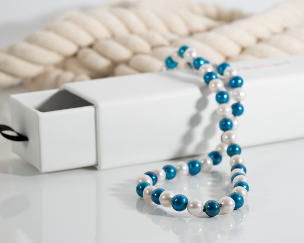 Blue white freshwater pearl necklace with sterling silver lobster clasp
