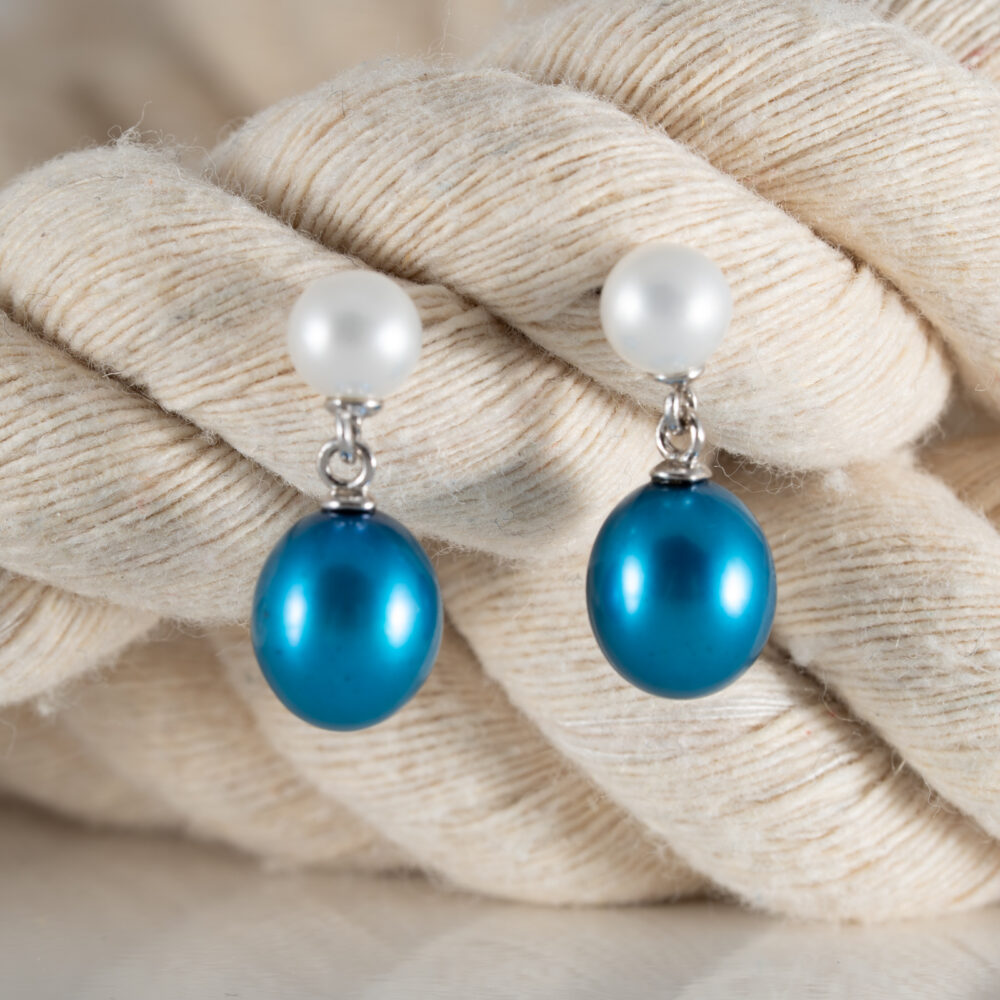 Blue and White Freshwater Pearl Earrings