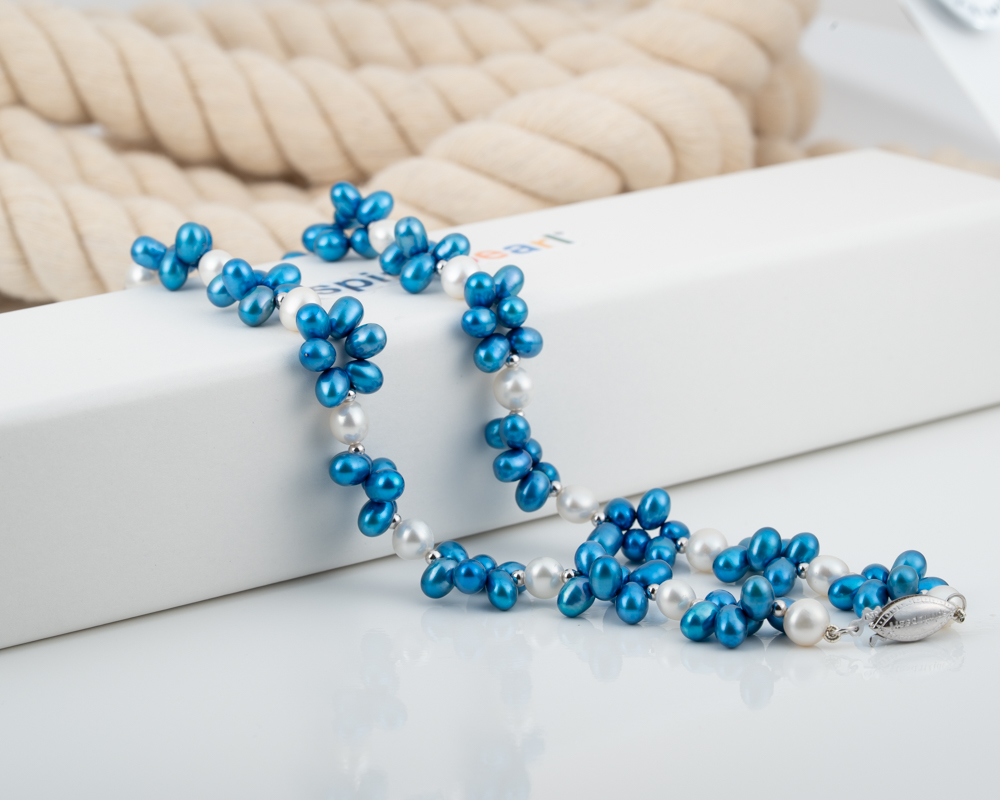 Blue and White Freshwater Cluster Pearl Necklace
