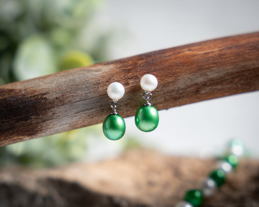 Green and White Freshwater Pearl Earrings - Image 2