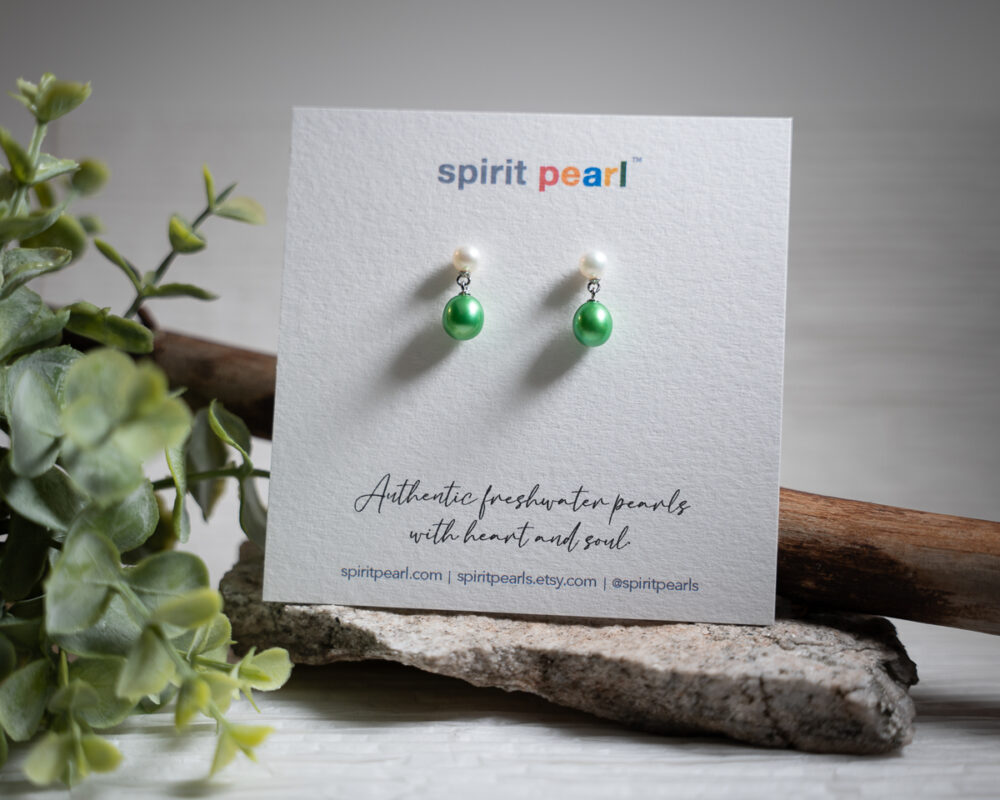 Green and White Freshwater Pearl Earrings - Image 4