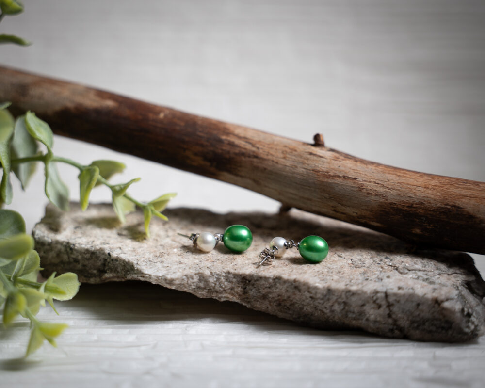 Green and White Freshwater Pearl Earrings - Image 5