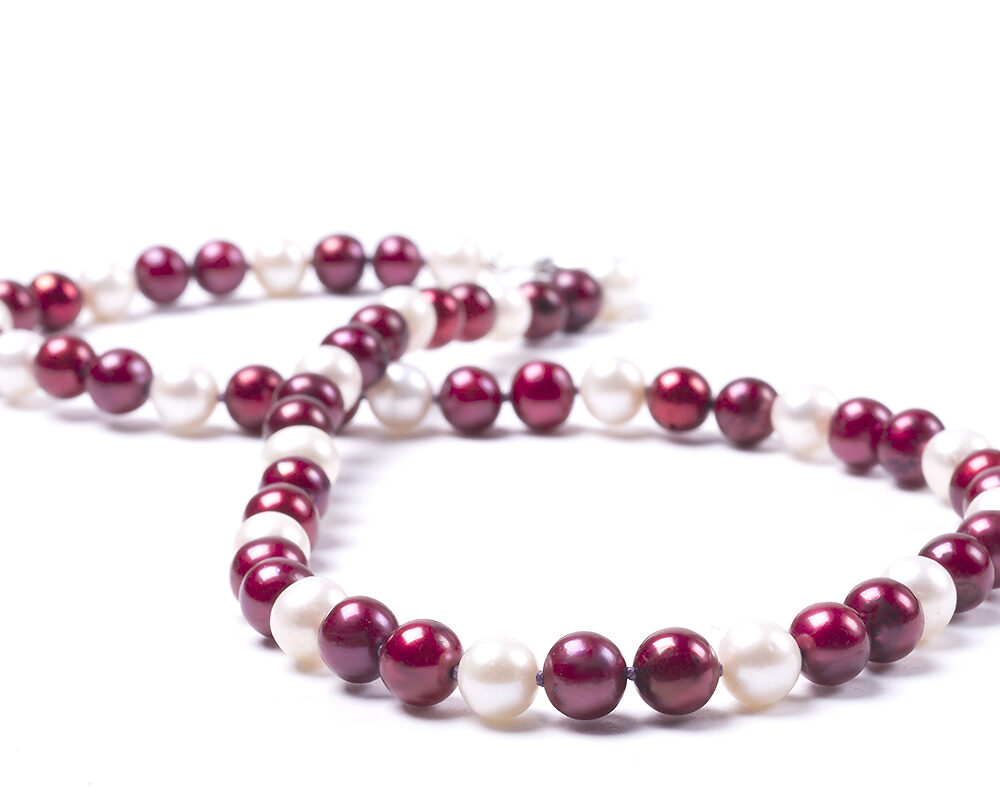 Burgundy and White Necklace Made with Freshwater Pearls