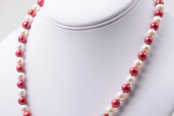 Genuine 18 Crimson & White Freshwater Pearl Necklace, Pure Handmade with 7-7.5mm Pearls