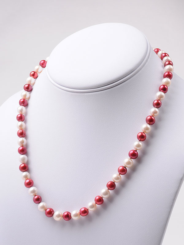 Genuine 18 Crimson & White Freshwater Pearl Necklace, Pure Handmade with 7-7.5mm Pearls
