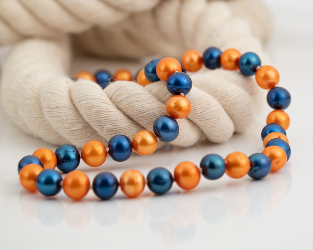 Orange and blue freshwater pearl necklace with sterling silver lobster clasp