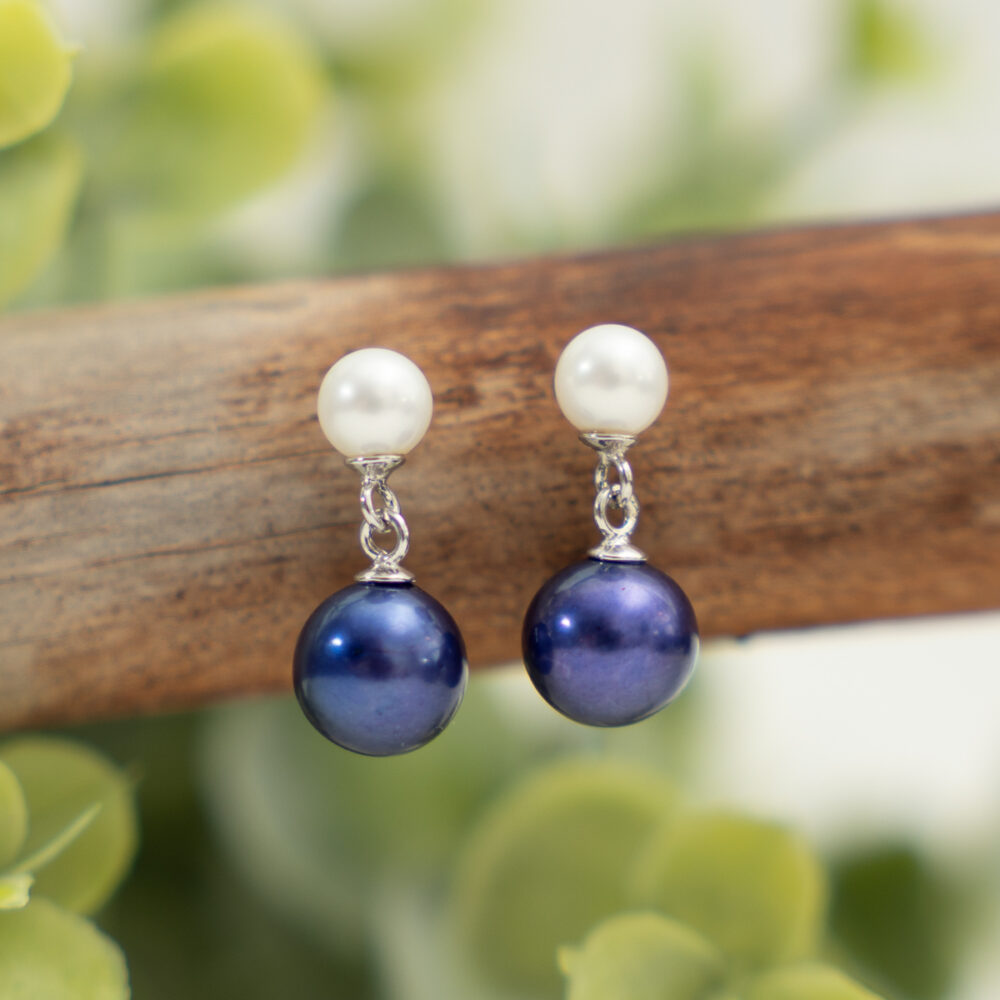 Royal Blue and White Freshwater Pearl Earrings