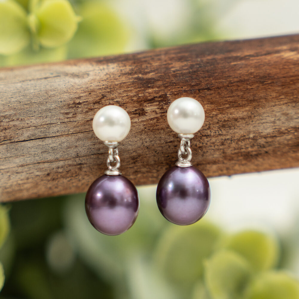 Purple and White Freshwater Pearl Earrings