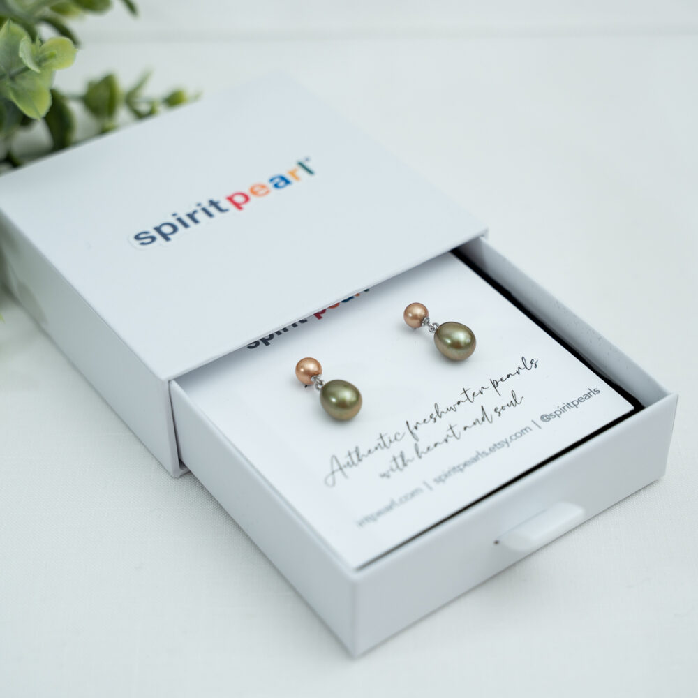 Green and Gold Freshwater Pearl Earrings in gift box