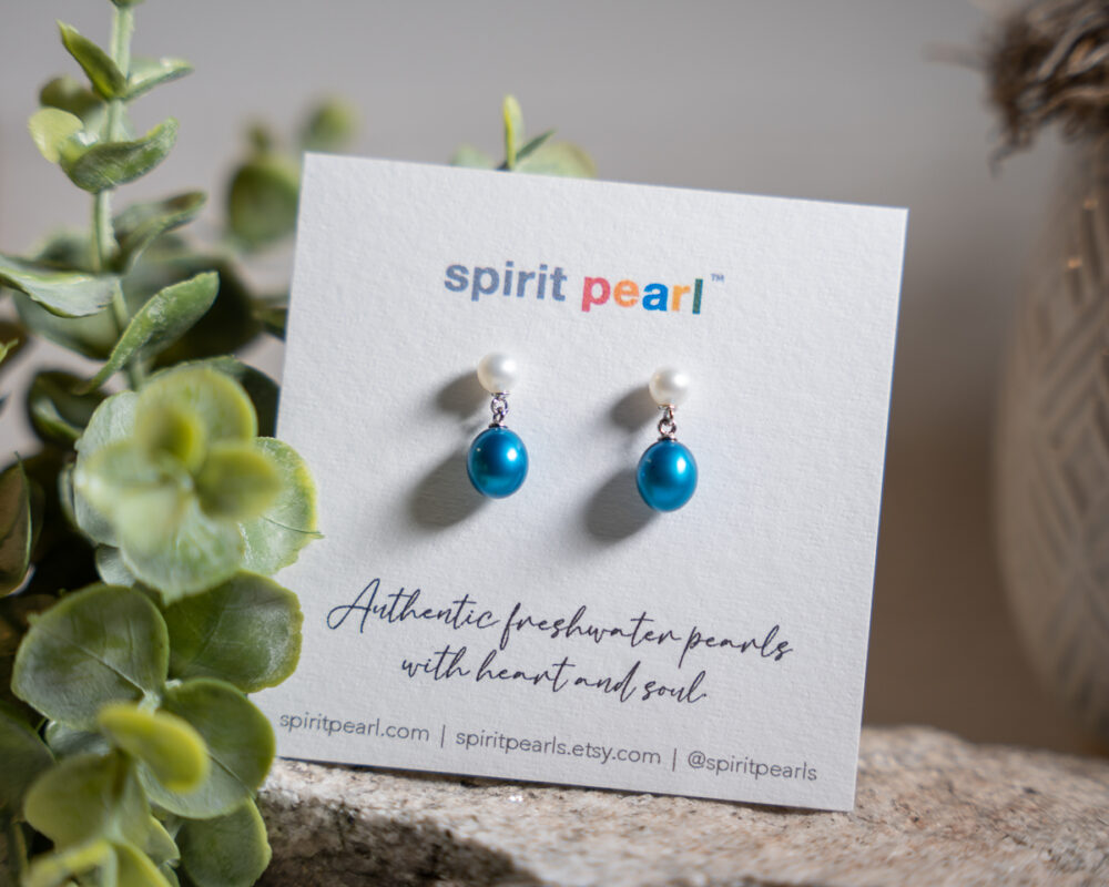 Blue and White Freshwater Pearl Earrings - Image 2