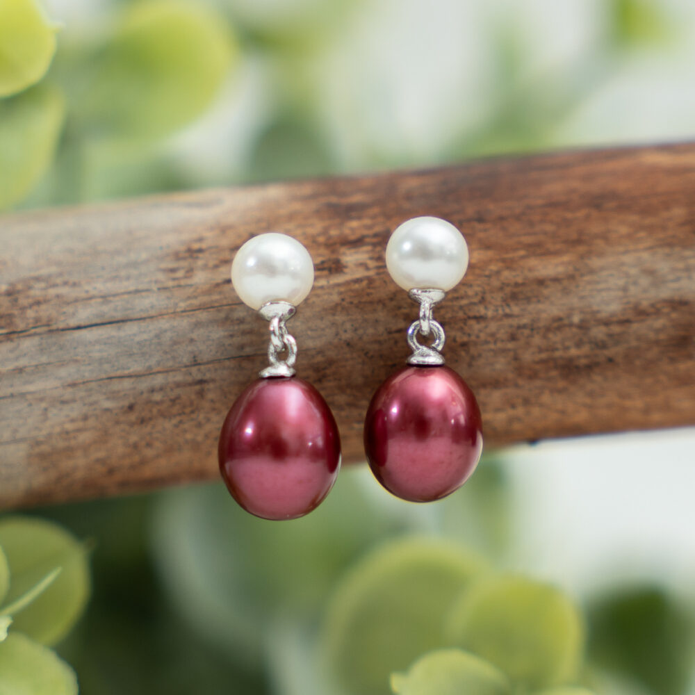 Crimson and White Freshwater Pearl Earrings