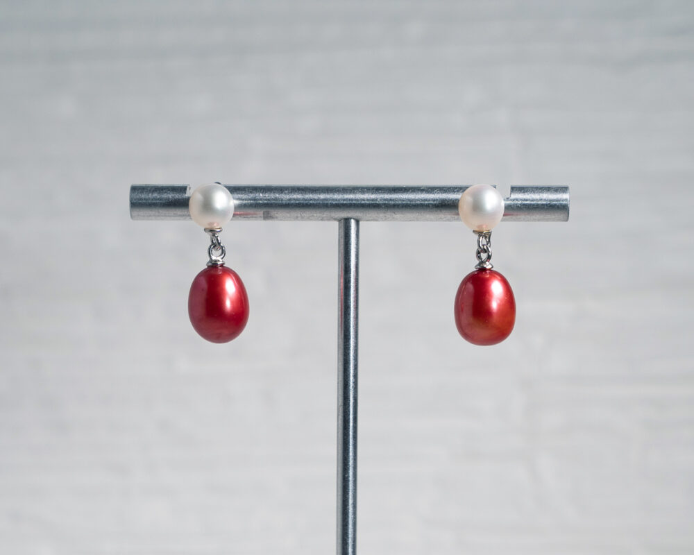 Crimson and White Freshwater Pearl Earrings - Image 5