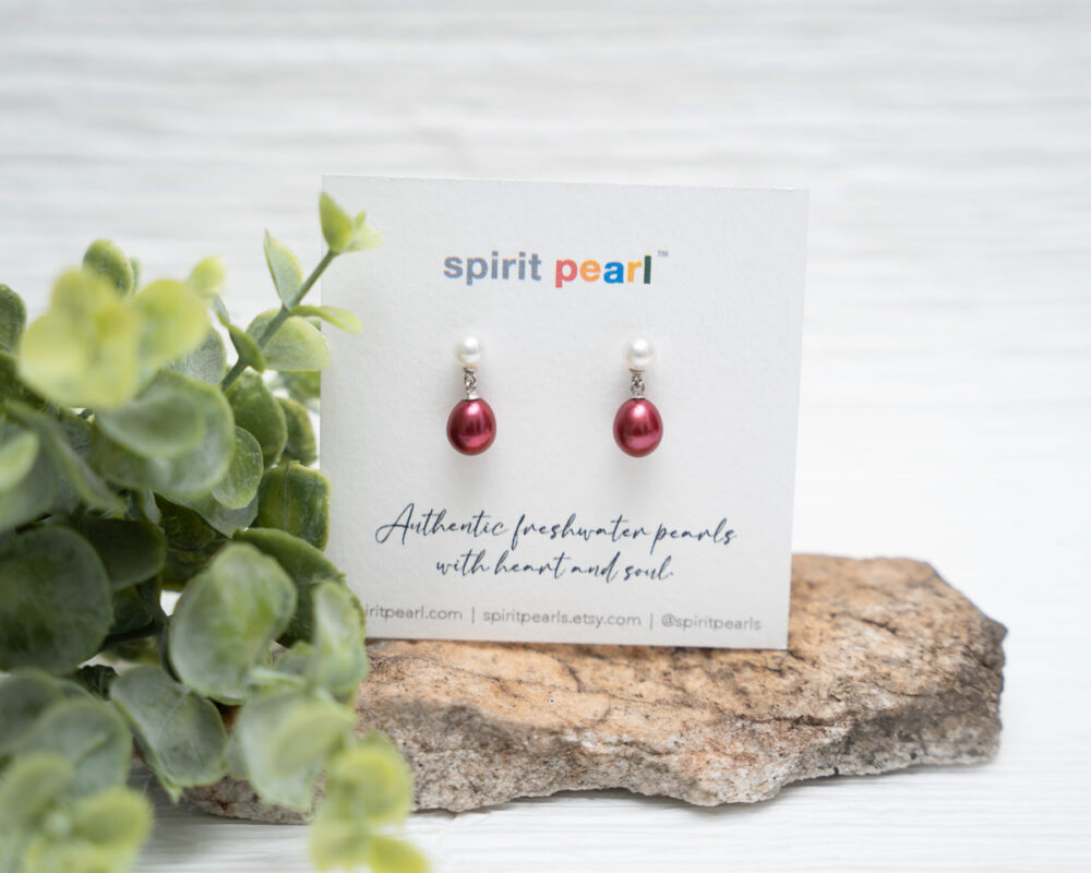 Crimson and White Freshwater Pearl Earrings - Image 3