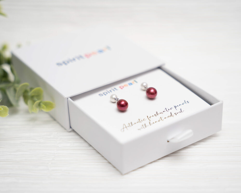 Crimson and White Freshwater Pearl Earrings - Image 2