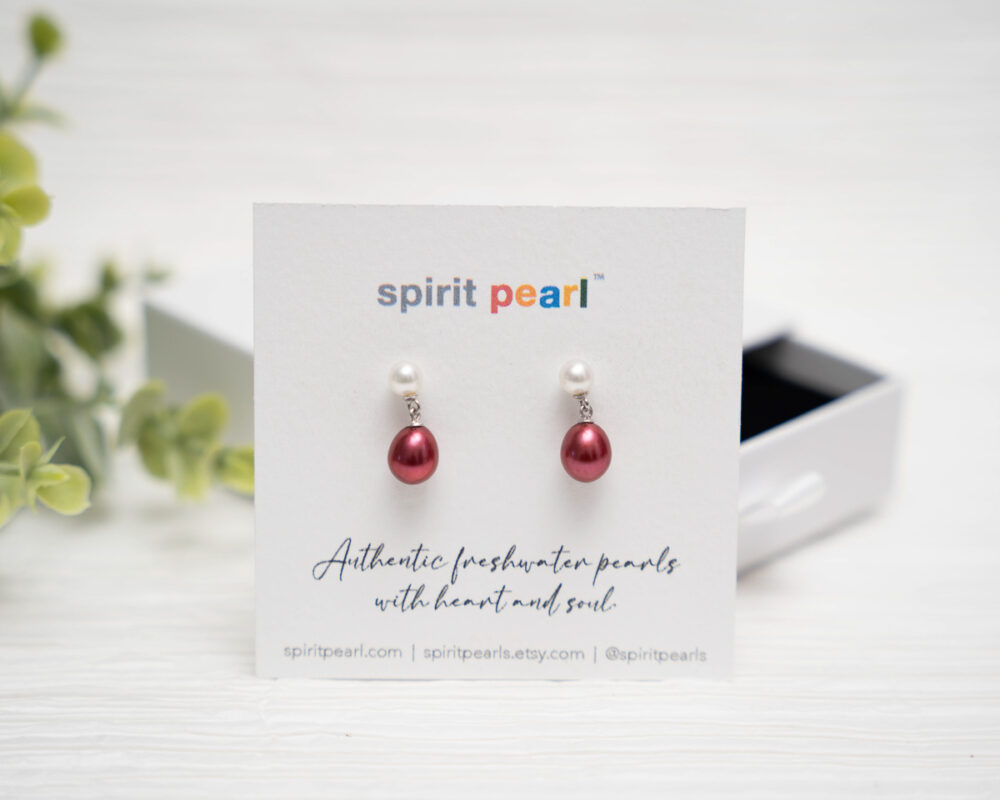 Crimson and White Freshwater Pearl Earrings - Image 4