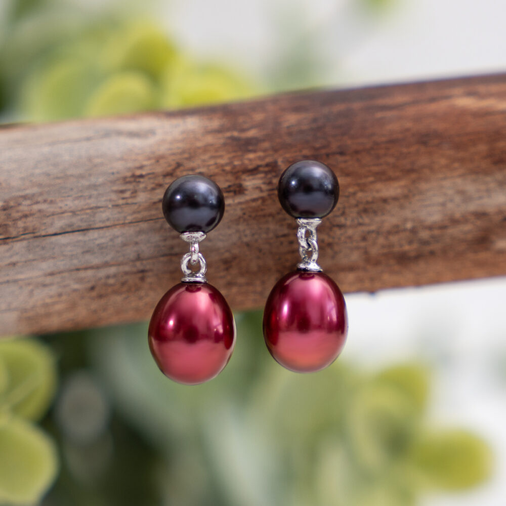 Garnet Red and Black Freshwater Pearl Earrings