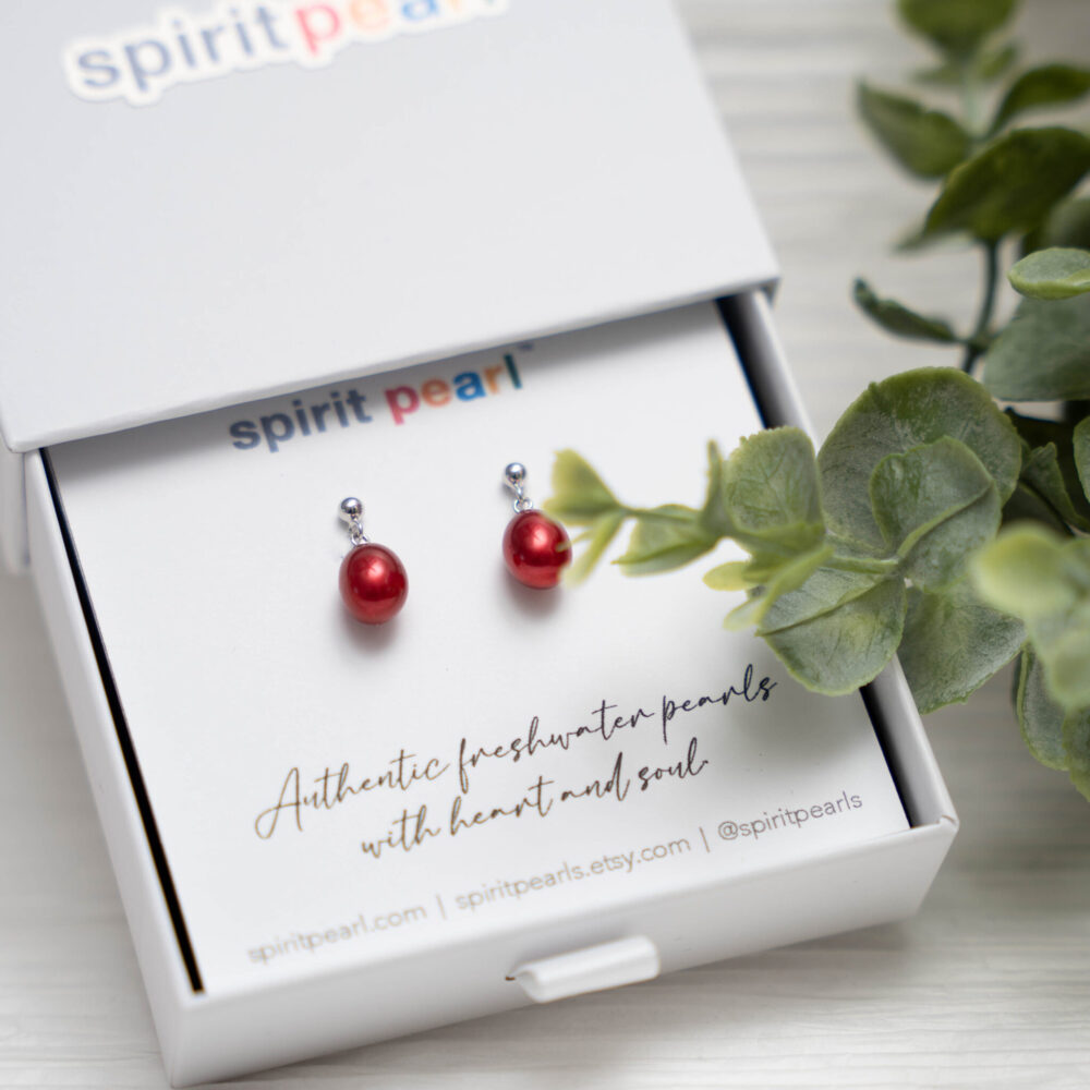 Crimson Red Dangle Freshwater Pearl Earrings