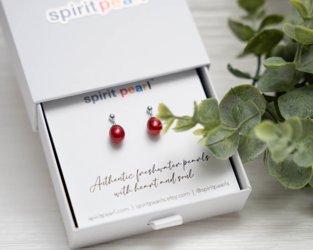Crimson Red Dangle Freshwater Pearl Earrings