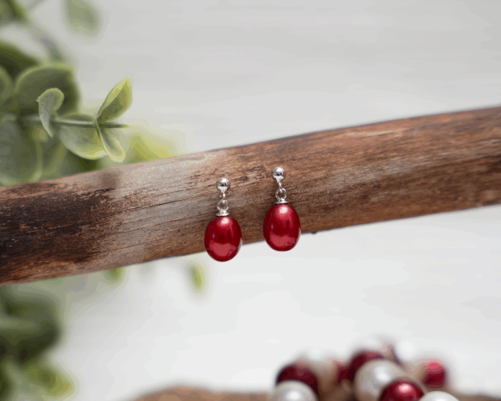 Crimson Red Dangle Freshwater Pearl Earrings - Image 2